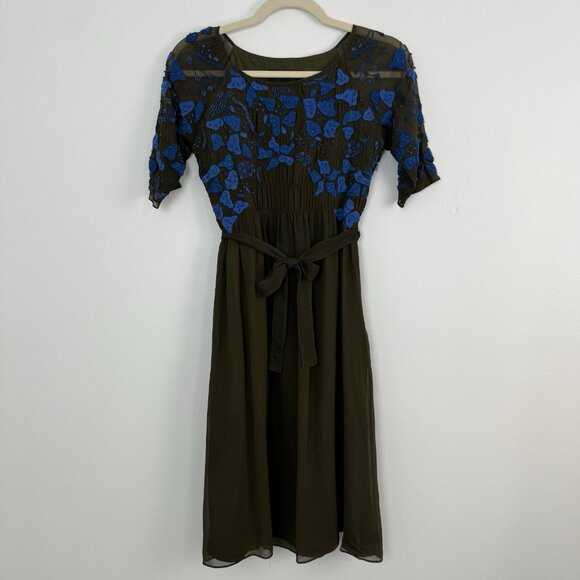 Cynthia Rowley 100% Silk Midi Dress Size 0 Olive Green Blue Embroidered Floral - Picture 1 of 15